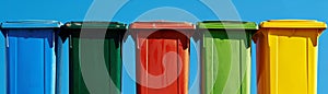 Trash separation bins, vibrant colors, educational poster style , clean sharp focus