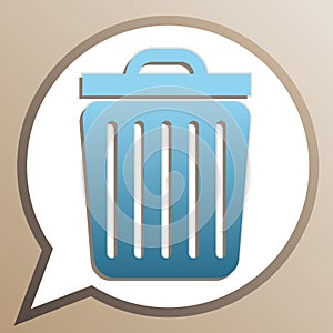 Trash sign illustration. Bright cerulean icon in white speech balloon at pale taupe background. Illustration