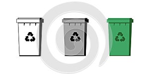 Trash sorting grey, black and green containers set. Garbage bins with recycling icon. Rubbish dustbin isolated set