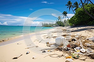 trash strewn across a tropical beach, amid pristine sand and azure water