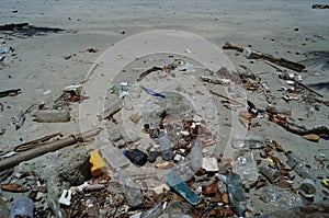 Trash on a tropical beach.