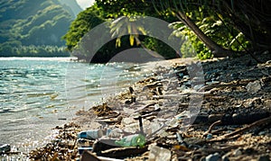 Trash washed ashore on a remote island beach