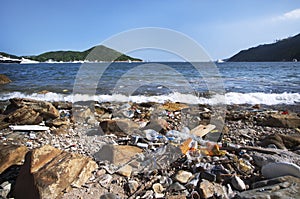 Trash washes up on the shore of Hong Kong Island`s Southern District