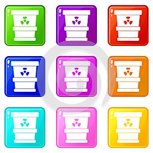 Trashcan containing radioactive waste icons 9 set