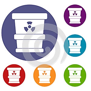 Trashcan containing radioactive waste icons set