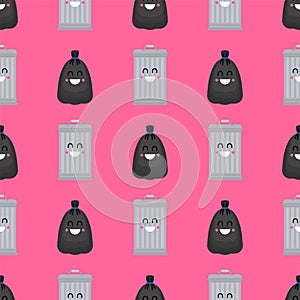 Trashcan and garbage bag pattern seamless. Trash can and black sack background. Rubbish ormanent. Vector texture