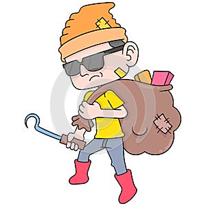 A trashy scavenger man carrying a sack filled with used goods, doodle icon image kawaii