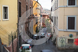 Trastevere district, Rome, Italy, view of rione Trastevere, Roma, with historical narrow streets, Municipio I, west bank of Tiber