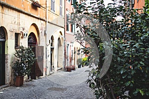 Trastevere district, Rome, Italy, view of rione Trastevere, Roma, with historical narrow streets, Municipio I, west bank of Tiber