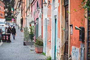 Trastevere district, Rome, Italy, view of rione Trastevere, Roma, with historical narrow streets, Municipio I, west bank of Tiber