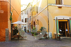 Trastevere in Rome, Italy. Cozy old street in Trastevere neighborhood of Rome, on the west bank of the Tiber, architecture and