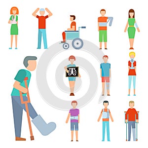 Trauma accident fracture human disabled people vector silhouette cartoon flat style illustration.