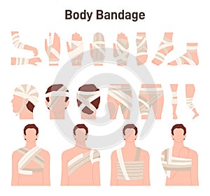 Trauma bandaging technique, first aid set. Injured human body parts