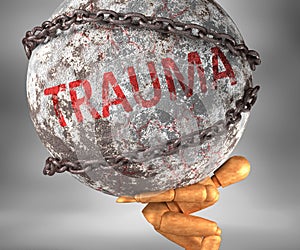 Trauma and hardship in life - pictured by word Trauma as a heavy weight on shoulders to symbolize Trauma as a burden, 3d photo