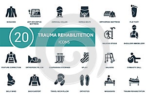 Trauma Rehabilitation icon set. Contains editable icons trauma rehabilitation theme such as anti decubitus mattress photo