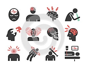 Traumatic brain injury icons. Head Injury Treatment. Symptoms. Vector signs for web graphics.