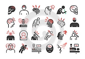 Traumatic brain injury icons. Head Injury Treatment. Symptoms. Vector signs for web graphics.