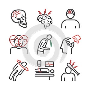 Traumatic brain injury line icon. Head Injury Treatment. Vector signs for web graphics.