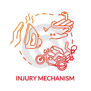 Traumatic injury mechanism concept icon. Household appliance burn and road accident, snakebite and motorcycle trauma photo