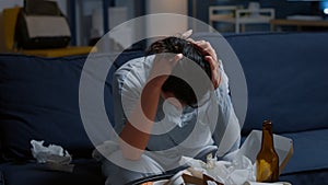 Traumatized unhappy lonely depressed woman putting hands on head