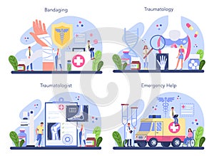 Traumatologist and trauma surgery doctor set. Injured limb, broken