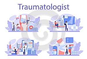 Traumatologist and trauma surgery doctor set. Injured limb, broken bone