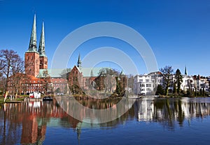 Trave river, old town of Lubeck photo