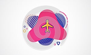 Plane icon isolated on white background. Flying airplane icon. Airliner sign. Abstract banner with liquid shapes. Vector Illustrat