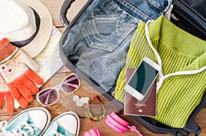 Travel accessories, clothes Wallet, glasses, phone headset, shoes hat, Ready for travel.