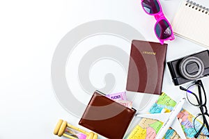 Travel accessories costumes concept for summer vacation trip. Pa