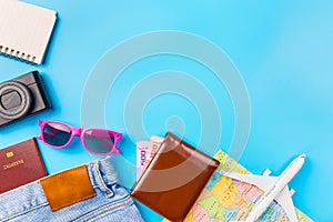 Travel accessories costumes concept for summer vacation trip. Pa