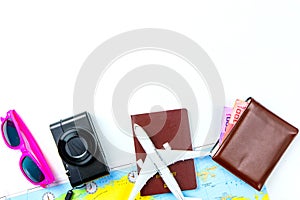 Travel accessories costumes concept for summer vacation trip. Pa