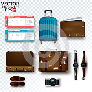 Travel accessories prepared for the trip on white background. Preparing for the trip, Travel accessorieson transparent Background