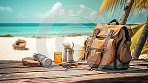 Travel accessories on wooden table on tropical beach. Summer vacation concept.