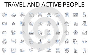 Travel and active people line icons collection. Cartography, Topography, Blueprint, Navigation, Geography, Chart, Layout