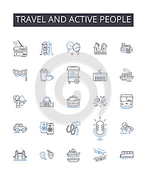 Travel and active people line icons collection. Running, Jumping, Swimming, Cycling, Boxing, Gymnastics, Wrestling