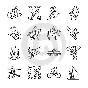 Travel activities line icon set. Included the icons as sailing, skiing, parachute, horse riding, biking, cycling and more.