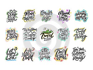 Travel and Adventure lettering set 01. Hand drawn vector illustration. Motivational quote and phrase
