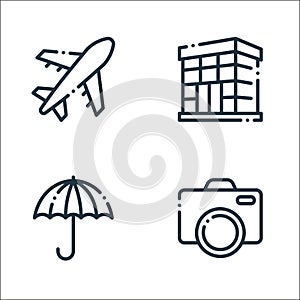 travel and adventure line icons. linear set. quality vector line set such as camera, umbrella, hotel