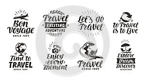 Travel, adventure set icons. Handwritten lettering. Label vector illustration photo