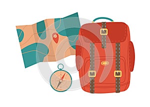 Travel, adventures banner. Red camping Backpack, terrain map and compass. Equipment for travel, nikes, trips tourism