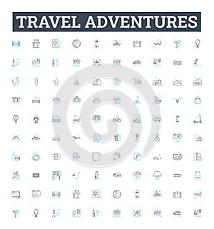 Travel adventures vector line icons set. Travel, Adventures, Exploring, Touring, Trekking, Cruising, Hiking illustration