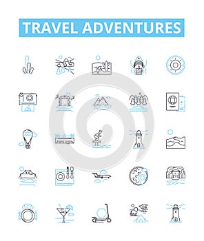 Travel adventures vector line icons set. Travel, Adventures, Exploring, Touring, Trekking, Cruising, Hiking illustration