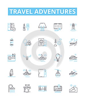 Travel adventures vector line icons set. Travel, Adventures, Exploring, Touring, Trekking, Cruising, Hiking illustration