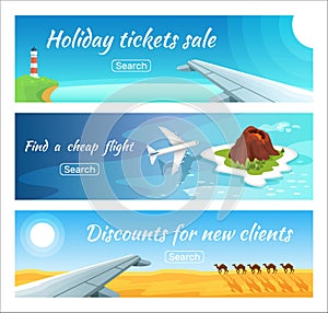 Travel advertisement ticket sale vector illustration set. Horizontal web advertising tourism banner traveling around
