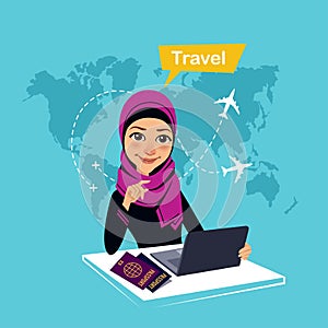 Travel agency banner. Arab woman sitting at table in office and makes out the purchase of tickets. Travel concept