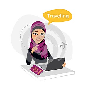 Travel agency banner. Arab woman sitting at table in office. Travel agent working for laptop. Travel concept