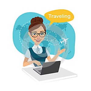 Travel agency banner. Woman sitting at table in office. Travel agent working for laptop. Travel concept