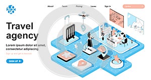 Travel agency isometric concept. Operator assists client in choosing tour