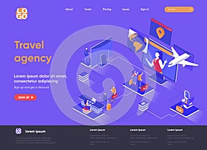 Travel agency isometric landing page. Online booking service, comfortable air transportation, airport boarding isometry concept.